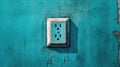 Wall socket on blue wall. Generative AI Royalty Free Stock Photo