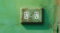 Wall socket on green wall. Generative AI Royalty Free Stock Photo