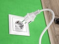 Wall socket on green wall and power plug