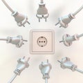 Wall socket with many european power plugs around it Royalty Free Stock Photo