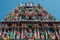 The wall of Sri Parthasarathy Temple with colorful hindu sculptures