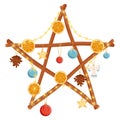 Wall star made of wooden sticks and rope, with toys for Christmas and New Year. Craft decoration, branches and sticks