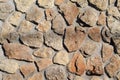 A wall of stones. Granite. Masonry. Clay tiles.