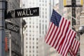 Wall street sign in New York with American flags and New York Stock Exchange background. Royalty Free Stock Photo