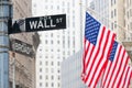 Wall street sign in New York with American flags and New York Stock Exchange in background Royalty Free Stock Photo