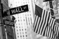 Wall street sign in New York with American flags and New York Stock Exchange background. Royalty Free Stock Photo