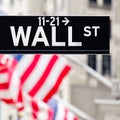 Wall street sign in New York City with american flags on the bac Royalty Free Stock Photo