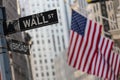 Wall street sign in New York with American flags and New York Stock Exchange background. Royalty Free Stock Photo