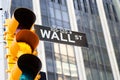 Wall Street Sign and yellow traffic light, New York