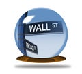 A Wall Street, street sign comes into focus inside a fortune teller`s crystal ball in this image about the stock market