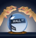 A Wall Street, street sign comes into focus inside a fortune teller`s crystal ball in this image about the stock market