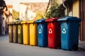 Wall of sustainability Recycling bins in varied colors stand aligned