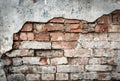 Wall texture background, rough damaged stucco or plaster over old brickwork. Dirty brick wall of building, fragment of vintage