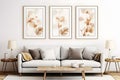 wall with three mock up poster frames. Mid century interior design of modern living room ai generated Royalty Free Stock Photo