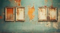 A wall with three windows and peeling paint. Generative AI image. Royalty Free Stock Photo