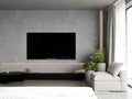 Wall with TV in modern bedroom interior with big window and armchair, 3d rendering Royalty Free Stock Photo