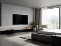 Wall with TV in modern bedroom interior with big window and bed, 3d rendering Royalty Free Stock Photo