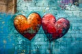 Wall with two hearts and balloons painted on it. Generative AI Royalty Free Stock Photo