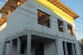 Wall of an unfinished house of white bricks with an empty two windows Royalty Free Stock Photo