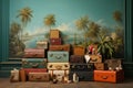 Wall of vintage antique stylish luggage cases. Old fashioned travel bags background. leather stacked suitcases. Airport, journey,