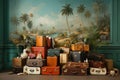 Wall of vintage antique stylish luggage cases. Old fashioned travel bags background. leather stacked suitcases. Airport, journey,