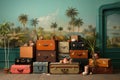 Wall of vintage antique stylish luggage cases. Old fashioned travel bags background. leather stacked suitcases. Airport, journey,