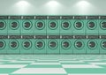 A wall Stack of turquoise industrial washing machines