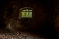 A wall with a window with an inserted grille in an empty decaying brick room