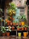 A Wall with a window of an old house full of pots with plants and flowers