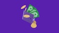 Wallet and banknotes with coins going around icon, Money saving concept. 3d illustration