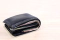 Wallet, billfold, black leather wallet wooden board background and copy space, wallet full of banknotes and credit cards