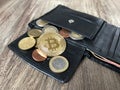 Wallet with bitcoin euro and cent coins