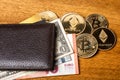 Wallet with bitcoins ethereum euro and dollar bills