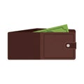 Wallet with a buttoned strap partially open, revealing a green bill Royalty Free Stock Photo