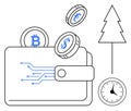 Digital Wallet with Cryptocurrency Coins, Dollar Symbol, Tree, and Clock Highlighting Finance and Sustainability Royalty Free Stock Photo
