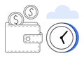 Wallet with coins, clock, and cloud representing time efficiency, financial savings, and online services Royalty Free Stock Photo
