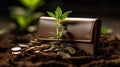 Wallet and coins and green sprout. A symbol of profit growth. Good investment. Generative AI