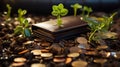 Wallet and coins and green sprout. A symbol of profit growth. Good investment. Generative AI