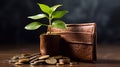 Wallet and coins and green sprout. A symbol of profit growth. Good investment. Generative AI