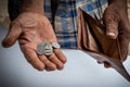 Wallet and coins in the hand of a poor man. -  inequality problem concept. Royalty Free Stock Photo