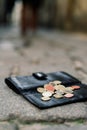 The wallet with coins on sidewalk street, forgotten money