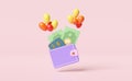 Wallet and credit card with balloon,dollar banknote isolated on pink background.saving money, happy shopping concept,3d Royalty Free Stock Photo