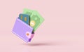 Wallet and credit card with dollar banknote isolated on pink background.saving money concept,3d illustration or 3d render Royalty Free Stock Photo