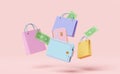 Wallet and credit card with dollar banknote,shopping paper bags isolated on pink background.saving money concept,3d illustration Royalty Free Stock Photo