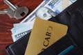 A wallet with credit cards, cash and keys. Royalty Free Stock Photo