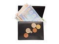 Wallet with euro banknotes and coins isolated on white Royalty Free Stock Photo