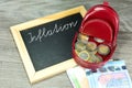 A wallet and school blackboard with the word inflation Royalty Free Stock Photo