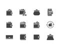 Wallet flat glyph icons set. Purse with money, coins, credit card, cashback, online payment vector illustrations