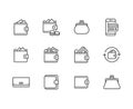 Wallet flat line icons set. Purse with money, coins, credit card, cashback, online payment vector illustrations. Finance