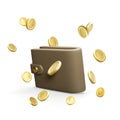 Wallet with flying golden coins in realistic cartoon style. 3D purse design element for cashback concept